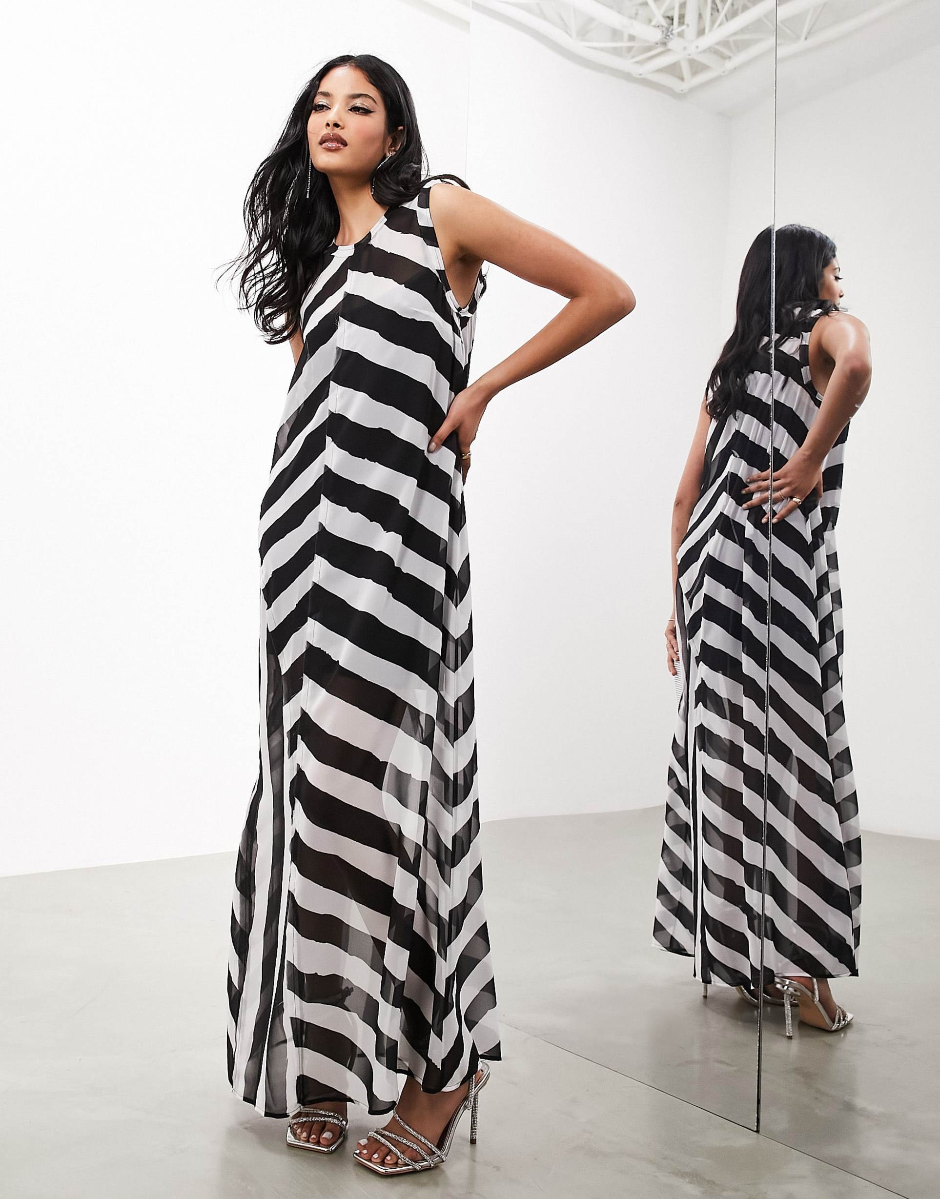 asos edition sleeveless sheer maxi dress in monochrome stripe