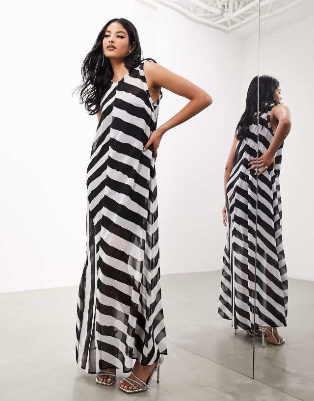 ASOS EDITION - sleeveless sheer maxi dress in monochrome stripe