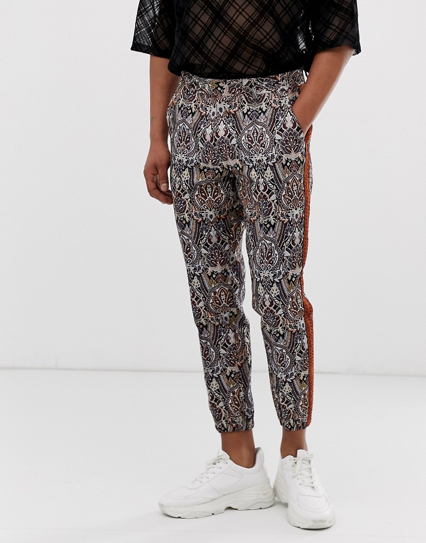 ASOS EDITION slim crop smart trousers in jacquard paisley with metallic thread-Brown
