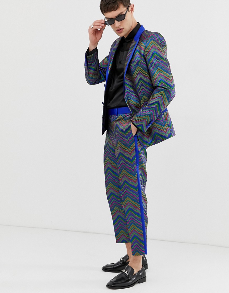 ASOS EDITION slim crop tuxedo trousers in multi coloured zig zag jacquard-Blue