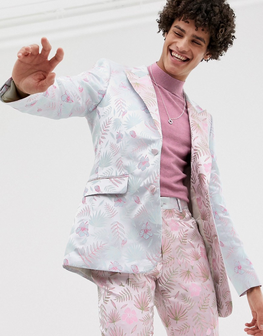 ASOS EDITION slim suit jacket with cut and sew floral jacquard-Pink