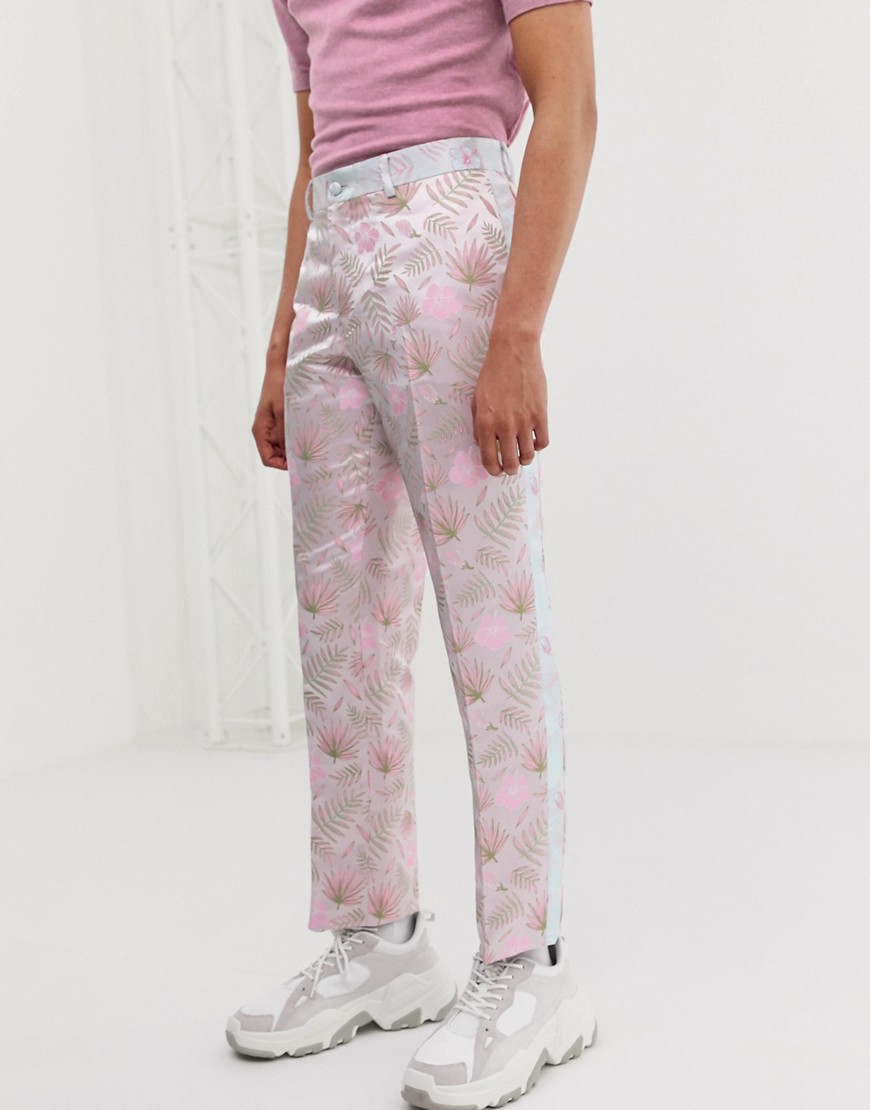 ASOS EDITION slim suit pants with cut and sew floral jacquard-Pink