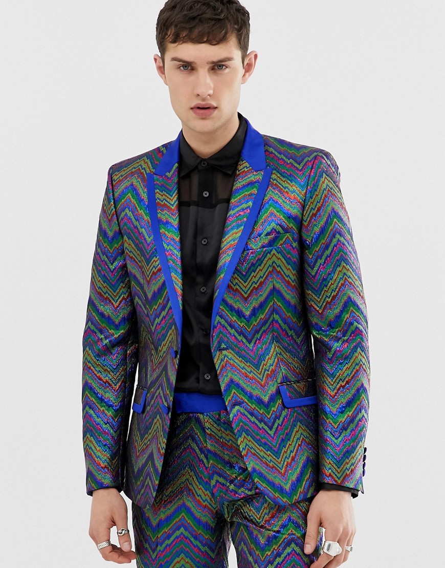 ASOS EDITION slim tuxedo jacket in multi coloured zig zag jacquard-Blue