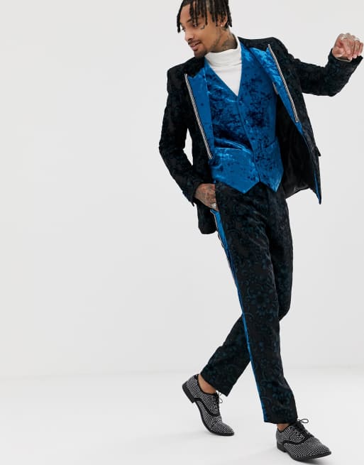 ASOS EDITION slim tuxedo pants in teal burnout velvet, 4 of 4
