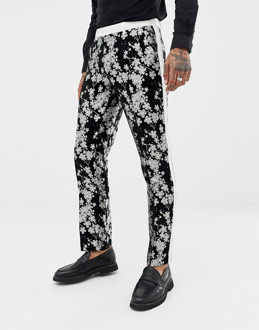 ASOS EDITION slim tuxedo suit trousers in monochrome floral jacquard-Black