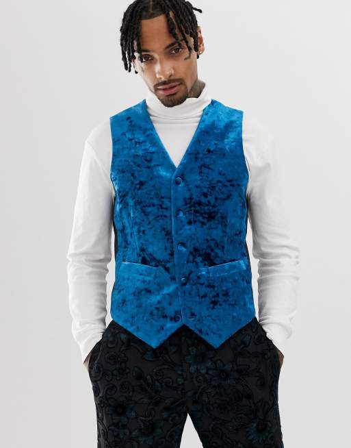 ASOS EDITION slim tuxedo suit vest in teal burnout velvet ASOS