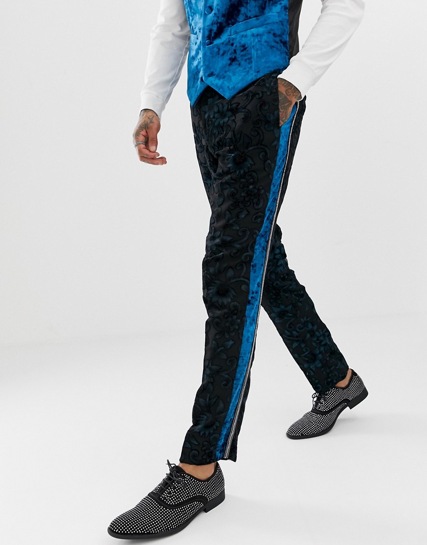ASOS EDITION slim tuxedo trousers in teal burnout velvet-Blue