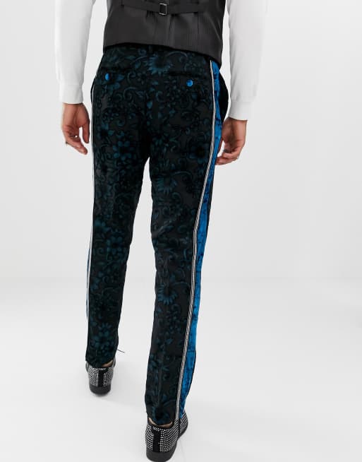 ASOS EDITION slim tuxedo trousers in teal burnout velvet, 2 of 4