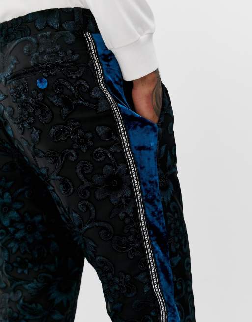 ASOS EDITION slim tuxedo trousers in teal burnout velvet, 3 of 4