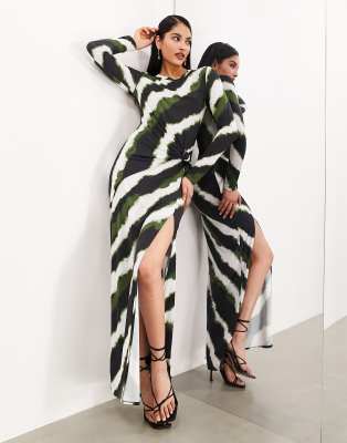 slinky jersey knot detail maxi dress in blurred black stripe-Multi