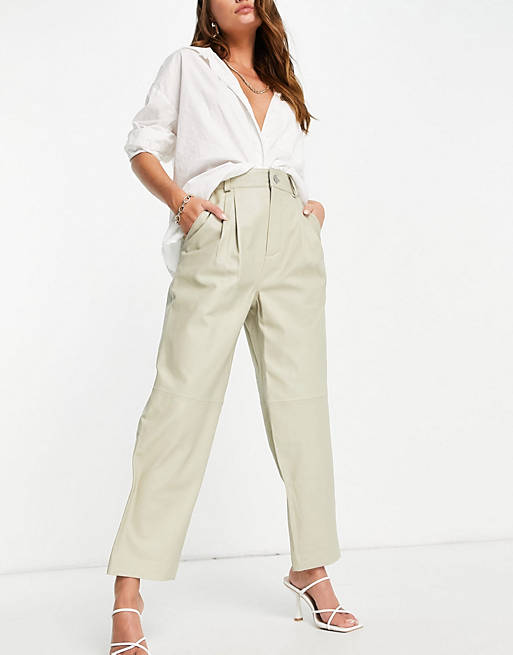 Women slouchy leather trouser with seam detail in clay 