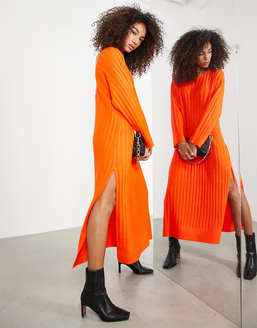 ASOS EDITION slouchy maxi dress in wide knit rib with split sides in orange-Green