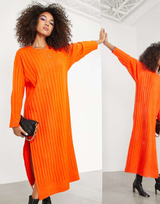 ASOS EDITION slouchy maxi dress in wide knit rib with split sides in orange