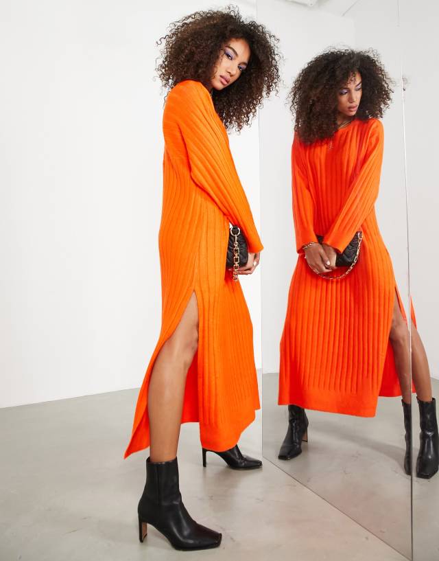 ASOS EDITION slouchy maxi dress in wide knit ribbed with slit sides in orange