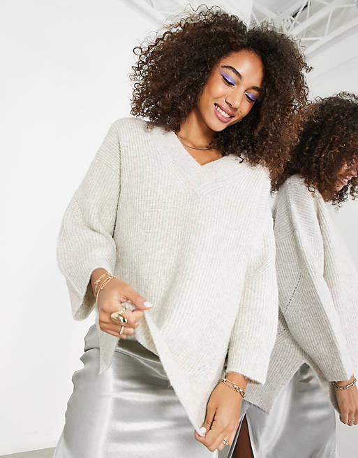 ASOS EDITION slouchy rib v neck knit oversized sweater in pebble