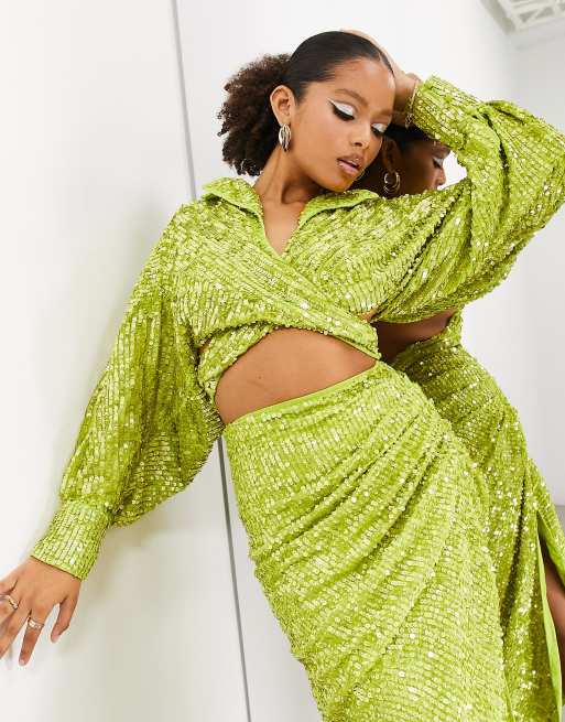 ASOS EDITION sequin wrap front shirt and midi skirt in lime green