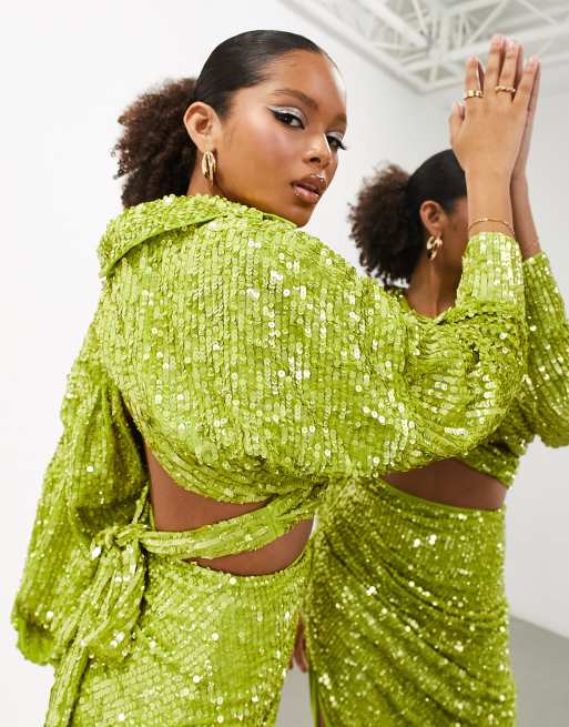 ASOS EDITION slouchy sequin wrap front shirt in lime green ASOS