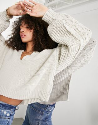 Asos Design Slouchy V-neck Knit Sweater In Mixed Stitch-neutral | ModeSens