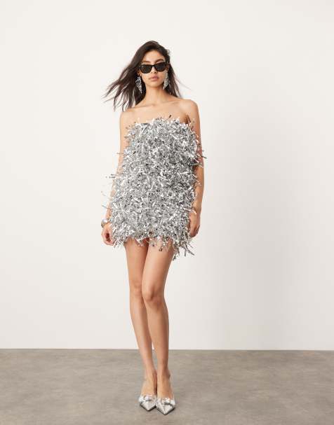 ASOS EDITION - Sølvfarvet bandeau-minikjole med pailletter og frynser - view 1