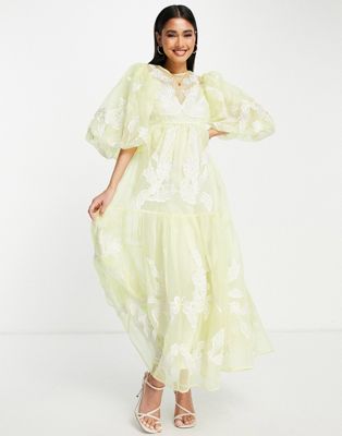 ASOS EDITION smock dress with placement applique embroidery in washed lemon