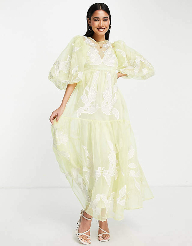 ASOS EDITION smock dress with placement applique embroidery in washed lemon GN10547