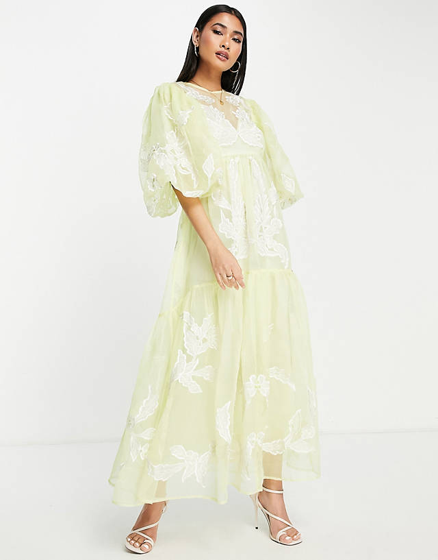 ASOS EDITION smock dress with placement applique embroidery in washed lemon GN10547