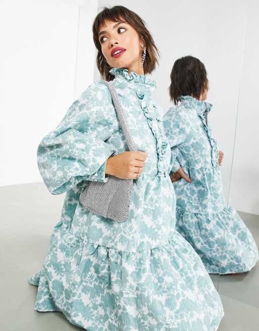 ASOS EDITION - Smock-kjole med tærtekant-krave i jacquard med blåt blomstermønster, 4 af 4