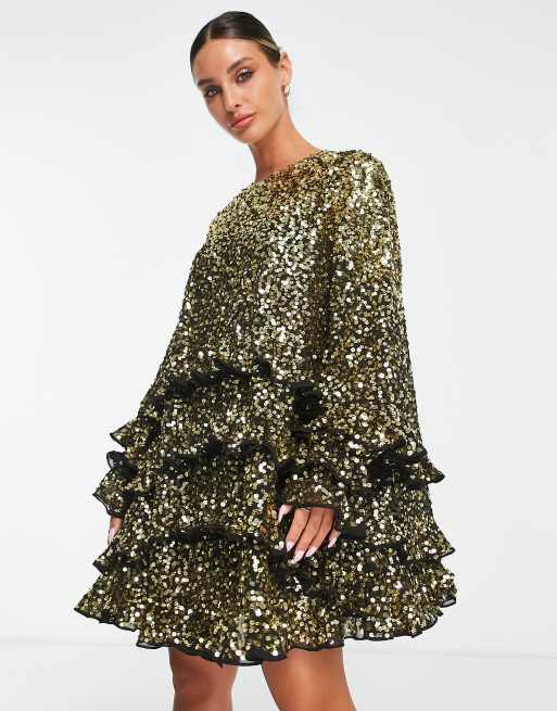 ASOS EDITION - Smock-minikjole med flæser og pailletter i sort