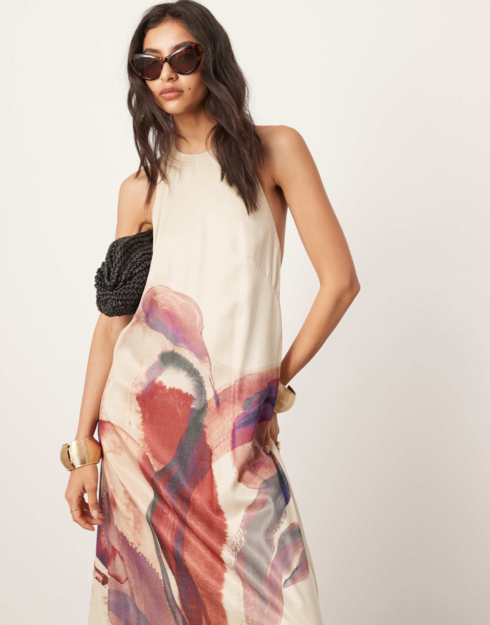 asos edition soft halterneck low back maxi dress with pockets in abstract print