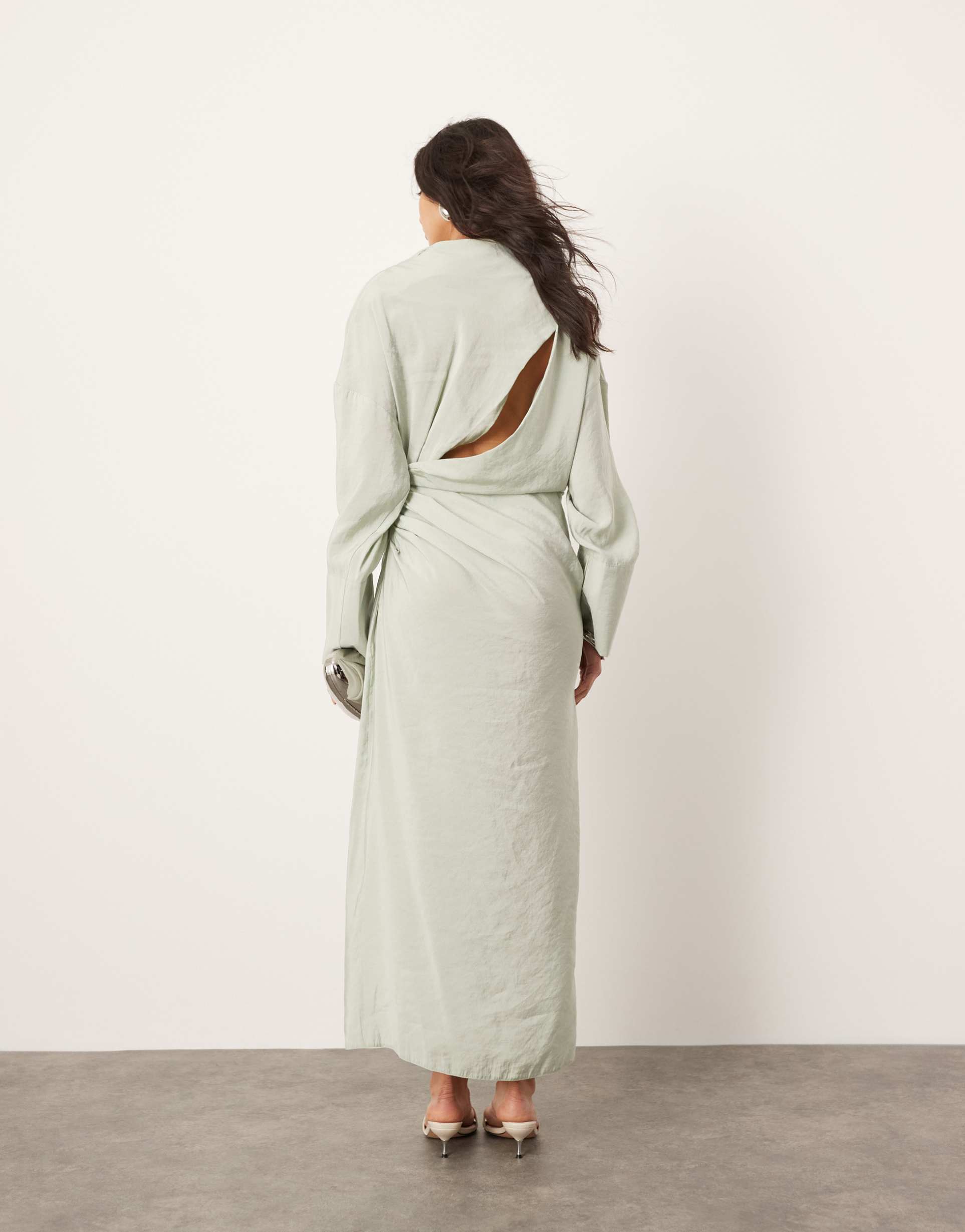asos edition soft high neck ruched detail maxi dress with cut out back in pale sage