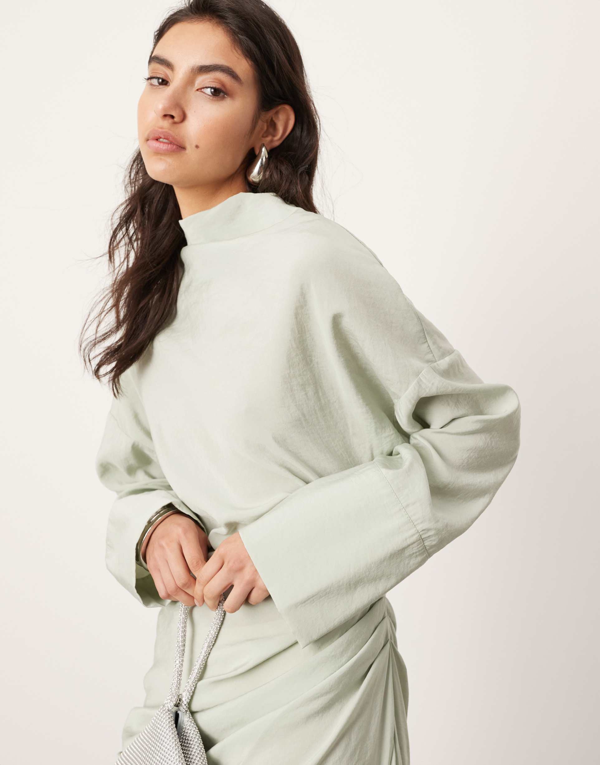 asos edition soft high neck ruched detail maxi dress with cut out back in pale sage