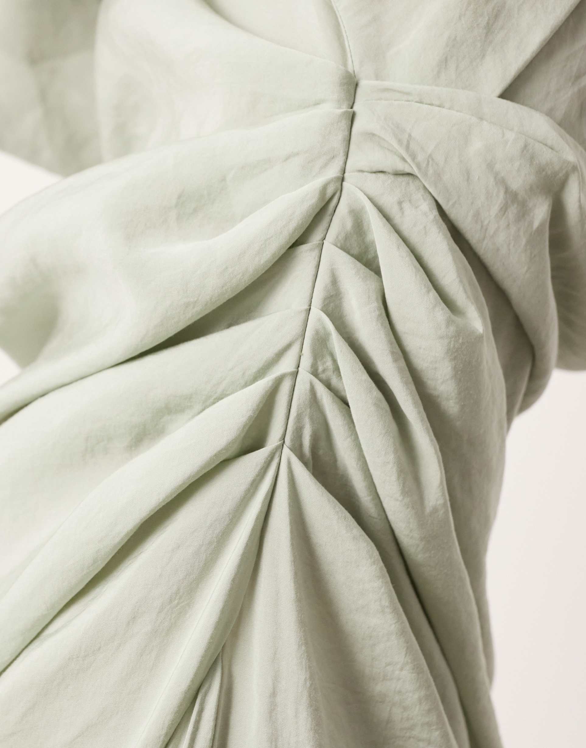 asos edition soft high neck ruched detail maxi dress with cut out back in pale sage
