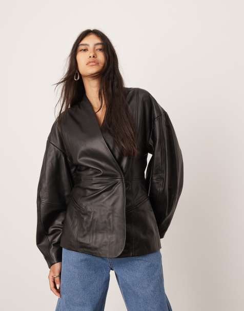 ASOS EDITION soft leather jacket with ovoid sleeve and cinched waist in black - view 1