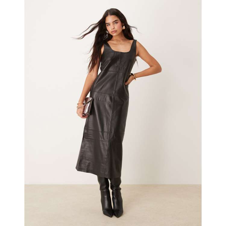 ASOS EDITION soft leather scoop neck column midi dress in black | ASOS
