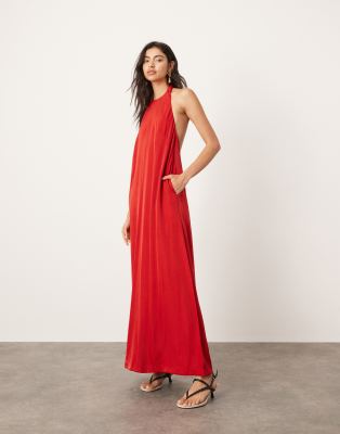 ASOS EDITION soft low back halterneck maxi dress with pockets in red-Multi