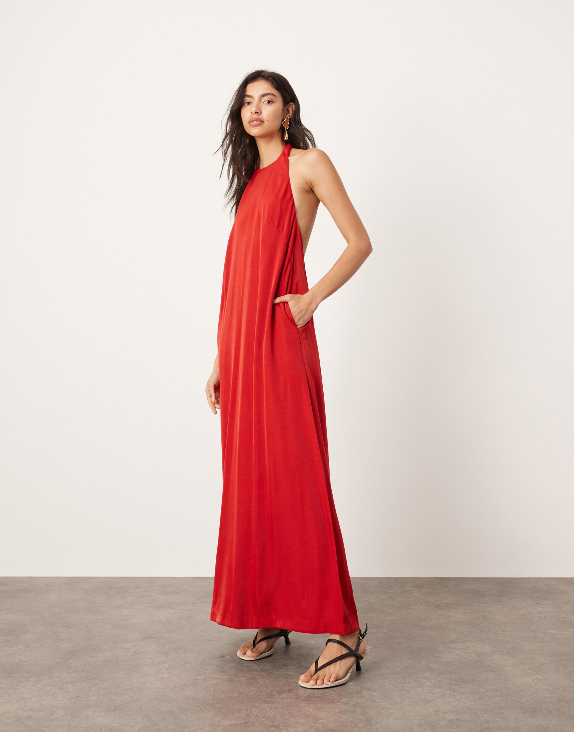 asos edition soft low back halterneck maxi dress with pockets in red