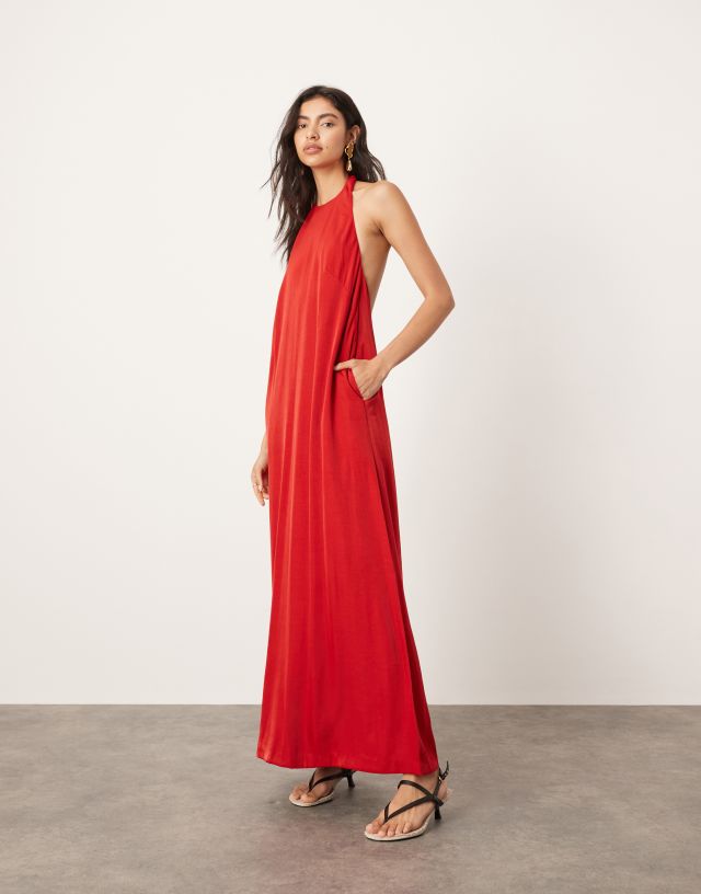 ASOS EDITION - soft low back halterneck maxi dress with pockets in red