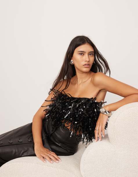 ASOS EDITION - Sort bandeau-top med paillet-frynser - view 1