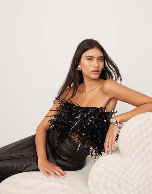 ASOS EDITION - Sort bandeau-top med paillet-frynser