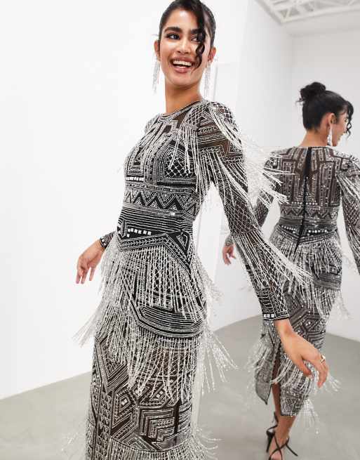 ASOS EDITION - Sort bodycon-midikjole med perler og frynser af pailletter, 2 af 4