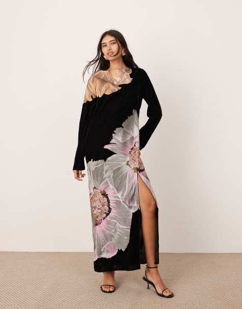 ASOS EDITION - Sort maxikjole i velour med blomsterbroderinger - view 1