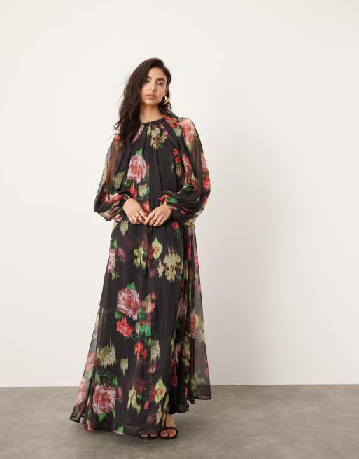 ASOS EDITION - Sort maxikjole med voluminøse ærmer og blomstermønster i chiffon, 2 af 4