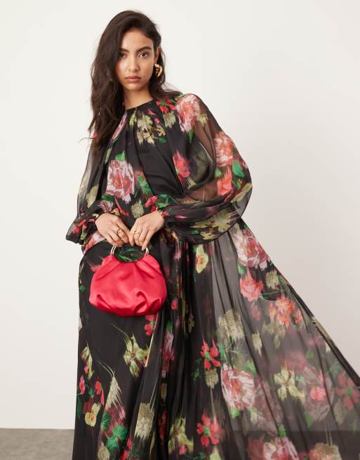 ASOS EDITION - Sort maxikjole med voluminøse ærmer og blomstermønster i chiffon, 3 af 4