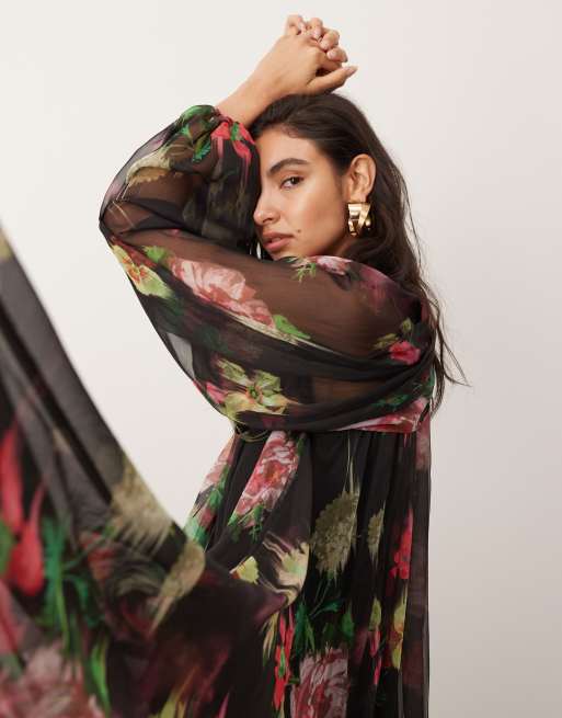 ASOS EDITION - Sort maxikjole med voluminøse ærmer og blomstermønster i chiffon, 4 af 4