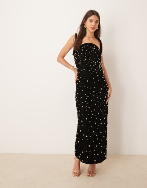 ASOS EDITION - Sort midikjole i velour med udsmykninger og perledetaljer - view 1