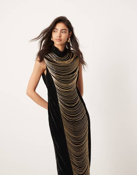 ASOS EDITION - Sort midikjole med høj hals og udsmykkede, draperede frynser i velour - view 1