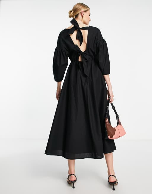 ASOS EDITION - Sort midikjole med sløjfe bagpå og fuld nederdel i sort
