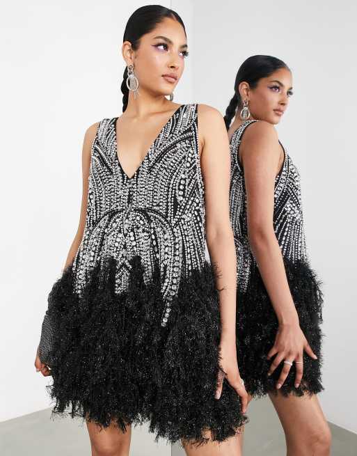 ASOS Edition - Sort minikjole med krystaller og perler samt kant med kunstige fjer, 4 af 4