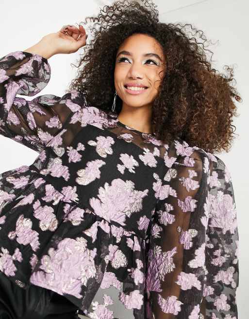 ASOS EDITION - Sort smock-top i metallisk blomstret jacquard