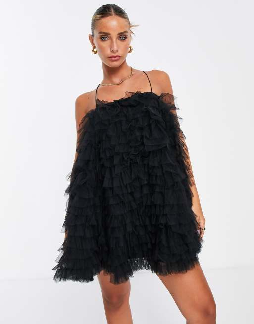 ASOS EDITION - Sort trapez-minikjole med cami-stropper i tyl